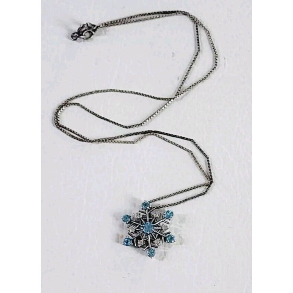 925 STERLING SILVER  VERMEIL BLUE TOPAZ SNOWFLAKE PENDANT NECKLACE 18" 3.70g